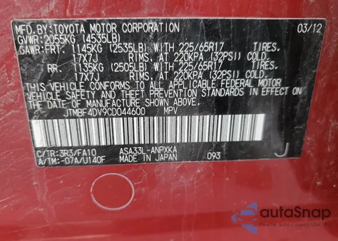 2012 Toyota Rav4 z USA, uszkodzony, nr VIN JTMBF4DV9CD044600